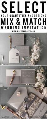 WEDDING INVITATIONS vintage lace/ rustic lace Vintage Lace  Wedding Invitations Elegant Grey Ivory ribbon and Bow 14