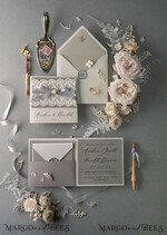 WEDDING INVITATIONS vintage lace/ rustic lace Vintage Lace  Wedding Invitations Elegant Grey Ivory ribbon and Bow 14
