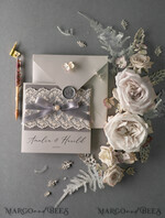WEDDING INVITATIONS vintage lace/ rustic lace Vintage Lace  Wedding Invitations Elegant Grey Ivory ribbon and Bow 14