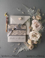 WEDDING INVITATIONS vintage lace/ rustic lace Vintage Lace  Wedding Invitations Elegant Grey Ivory ribbon and Bow 14