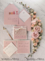 WEDDING INVITATIONS vintage lace/ rustic lace Elegant Wedding Stationery Vintage Lace Presonalized Invitation Ivory Bowl and Moody Rose Pink17