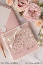 WEDDING INVITATIONS vintage lace/ rustic lace Elegant Wedding Stationery Vintage Lace Presonalized Invitation Ivory Bowl and Moody Rose Pink17