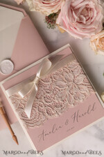 WEDDING INVITATIONS vintage lace/ rustic lace Elegant Wedding Stationery Vintage Lace Presonalized Invitation Ivory Bowl and Moody Rose Pink17