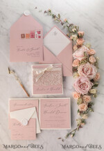 WEDDING INVITATIONS vintage lace/ rustic lace Elegant Wedding Stationery Vintage Lace Presonalized Invitation Ivory Bowl and Moody Rose Pink17
