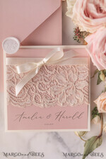 WEDDING INVITATIONS vintage lace/ rustic lace Elegant Wedding Stationery Vintage Lace Presonalized Invitation Ivory Bowl and Moody Rose Pink17