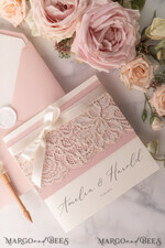 WEDDING INVITATIONS vintage lace/ rustic lace Vintage Lace Ivory Wedding Invitations Elegant Invites Ivory Ribbon and Bow with Blush20