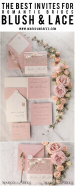 WEDDING INVITATIONS vintage lace/ rustic lace Vintage Lace Ivory Wedding Invitations Elegant Invites Ivory Ribbon and Bow with Blush20