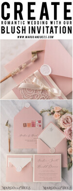 WEDDING INVITATIONS vintage lace/ rustic lace Vintage Lace Ivory Wedding Invitations Elegant Invites Ivory Ribbon and Bow with Blush20