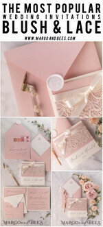 WEDDING INVITATIONS vintage lace/ rustic lace Vintage Lace Ivory Wedding Invitations Elegant Invites Ivory Ribbon and Bow with Blush20