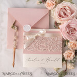 WEDDING INVITATIONS vintage lace/ rustic lace Vintage Lace Ivory Wedding Invitations Elegant Invites Ivory Ribbon and Bow with Blush20