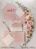 WEDDING INVITATIONS vintage lace/ rustic lace Vintage Lace Ivory Wedding Invitations Elegant Invites Ivory Ribbon and Bow with Blush20