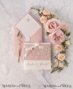 WEDDING INVITATIONS vintage lace/ rustic lace Vintage Lace Ivory Wedding Invitations Elegant Invites Ivory Ribbon and Bow with Blush20