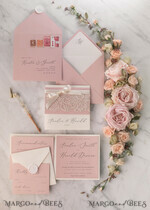 WEDDING INVITATIONS vintage lace/ rustic lace Vintage Lace Ivory Wedding Invitations Elegant Invites Ivory Ribbon and Bow with Blush20