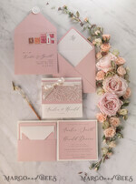 WEDDING INVITATIONS vintage lace/ rustic lace Vintage Lace Ivory Wedding Invitations Elegant Invites Ivory Ribbon and Bow with Blush20
