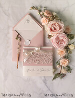 WEDDING INVITATIONS vintage lace/ rustic lace Vintage Lace Ivory Wedding Invitations Elegant Invites Ivory Ribbon and Bow with Blush20
