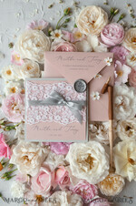 WEDDING INVITATIONS vintage lace/ rustic lace Romantic  Wedding Stationery Vintage Lace Presonalized Invitation Light Grey and Blush Pink39