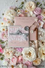 WEDDING INVITATIONS vintage lace/ rustic lace Romantic  Wedding Stationery Vintage Lace Presonalized Invitation Light Grey and Blush Pink39