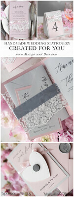 WEDDING INVITATIONS vintage lace/ rustic lace Elegant Vintage Lace Wedding Invitations Romantic Bespoke Grey Wedding Cards Glamour Pink Wedding Invitation Suite Pocket Wedding Invites37
