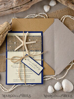 WEDDING INVITATIONS passport to love/ beach wedding invites  Beach navy Wedding invitations Starfish Wedding Invites destination wedding Cards with  tag and twine Eco envelope8