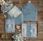 WEDDING INVITATIONS passport to love/ beach wedding invites  Beach dusty Blue  Wedding invitations Vellum wrapping Wedding Invites with Sea horses Wax seal wedding Cards 7