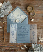 WEDDING INVITATIONS passport to love/ beach wedding invites  Beach dusty Blue  Wedding invitations Vellum wrapping Wedding Invites with Sea horses Wax seal wedding Cards 7
