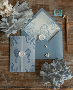WEDDING INVITATIONS passport to love/ beach wedding invites  Beach dusty Blue  Wedding invitations Vellum wrapping Wedding Invites with Sea horses Wax seal wedding Cards 7