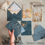 WEDDING INVITATIONS passport to love/ beach wedding invites  Beach Acrylic Wedding invitations Vellum Gold wrapping Wedding Invites with starfish Beach wedding Cards Velvet Envelope10