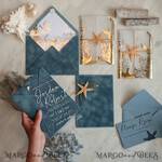 WEDDING INVITATIONS passport to love/ beach wedding invites  Beach Acrylic Wedding invitations Vellum Gold wrapping Wedding Invites with starfish Beach wedding Cards Velvet Envelope10