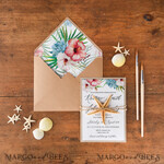 WEDDING INVITATIONS passport to love/ beach wedding invites  Tropical beach Wedding Invitations, Starfish Watercolor Seaside Wedding Invites, Hibiscus Flowers Wedding Cards 5