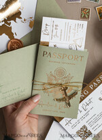 WEDDING INVITATIONS passport to love/ beach wedding invites  Gold Sage green Passport Wedding Invitation, Golden Wedding Cards Boarding Pass, Greenry Travel Passport Wedding Invitations Abroad, Destination Greece Wedding Invites, Tuscany Travel Map Wedding Stationary Italy World map 28
