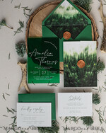 HOCHZEITS EINLADUNGEN Wald / Berge / Waldlandschaft Thema Grüne Acryl-Hochzeitsladung Suite, moderne rustikale Hochzeitseinladungen, klare Plexiglas Suite Hochzeitskarten, grüne Hochzeitseinladungen, nebliger Wald frostige Hochzeitseinladung Suite, Hochzeitsladung mit Kiefern aus Plexiglas.16