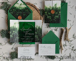 HOCHZEITS EINLADUNGEN Wald / Berge / Waldlandschaft Thema Grüne Acryl-Hochzeitsladung Suite, moderne rustikale Hochzeitseinladungen, klare Plexiglas Suite Hochzeitskarten, grüne Hochzeitseinladungen, nebliger Wald frostige Hochzeitseinladung Suite, Hochzeitsladung mit Kiefern aus Plexiglas.16