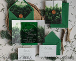 HOCHZEITS EINLADUNGEN Wald / Berge / Waldlandschaft Thema Grüne Acryl-Hochzeitsladung Suite, moderne rustikale Hochzeitseinladungen, klare Plexiglas Suite Hochzeitskarten, grüne Hochzeitseinladungen, nebliger Wald frostige Hochzeitseinladung Suite, Hochzeitsladung mit Kiefern aus Plexiglas.16