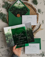 HOCHZEITS EINLADUNGEN Wald / Berge / Waldlandschaft Thema Grüne Acryl-Hochzeitsladung Suite, moderne rustikale Hochzeitseinladungen, klare Plexiglas Suite Hochzeitskarten, grüne Hochzeitseinladungen, nebliger Wald frostige Hochzeitseinladung Suite, Hochzeitsladung mit Kiefern aus Plexiglas.16