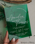 HOCHZEITS EINLADUNGEN Wald / Berge / Waldlandschaft Thema Grüne Acryl-Hochzeitsladung Suite, moderne rustikale Hochzeitseinladungen, klare Plexiglas Suite Hochzeitskarten, grüne Hochzeitseinladungen, nebliger Wald frostige Hochzeitseinladung Suite, Hochzeitsladung mit Kiefern aus Plexiglas.16