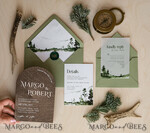 HOCHZEITS EINLADUNGEN Wald / Berge / Waldlandschaft Thema Wald Holz Hochzeits Einladung Suite, Moderne rustikale Hochzeits Einladungen, Natürliche Holz Einladungen Suite Hochzeitskarten, Grüne Hochzeits Einladungen, Nebelwald Frosted Hochzeits Einladung Suite, Kiefernbäume Hochzeits Einladung.16