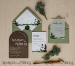 HOCHZEITS EINLADUNGEN Wald / Berge / Waldlandschaft Thema Wald Holz Hochzeits Einladung Suite, Moderne rustikale Hochzeits Einladungen, Natürliche Holz Einladungen Suite Hochzeitskarten, Grüne Hochzeits Einladungen, Nebelwald Frosted Hochzeits Einladung Suite, Kiefernbäume Hochzeits Einladung.16