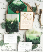 HOCHZEITS EINLADUNGEN Wald / Berge / Waldlandschaft Thema Wald Holz Hochzeits-Einladungssatz, moderne rustikale Hochzeitskarten, natürliche Holz Einladungen Set Hochzeitseinladungen, grüne Hochzeitseinladungen, neblige Wald frostige Hochzeitseinladungssuite, Kiefernhochzeitseinladung.20
