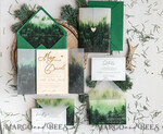 HOCHZEITS EINLADUNGEN Wald / Berge / Waldlandschaft Thema Wald Holz Hochzeits-Einladungssatz, moderne rustikale Hochzeitskarten, natürliche Holz Einladungen Set Hochzeitseinladungen, grüne Hochzeitseinladungen, neblige Wald frostige Hochzeitseinladungssuite, Kiefernhochzeitseinladung.20