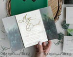 HOCHZEITS EINLADUNGEN Wald / Berge / Waldlandschaft Thema Wald Holz Hochzeits-Einladungssatz, moderne rustikale Hochzeitskarten, natürliche Holz Einladungen Set Hochzeitseinladungen, grüne Hochzeitseinladungen, neblige Wald frostige Hochzeitseinladungssuite, Kiefernhochzeitseinladung.20