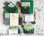 HOCHZEITS EINLADUNGEN Wald / Berge / Waldlandschaft Thema Wald Holz Hochzeits-Einladungssatz, moderne rustikale Hochzeitskarten, natürliche Holz Einladungen Set Hochzeitseinladungen, grüne Hochzeitseinladungen, neblige Wald frostige Hochzeitseinladungssuite, Kiefernhochzeitseinladung.20