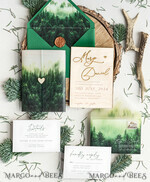 HOCHZEITS EINLADUNGEN Wald / Berge / Waldlandschaft Thema Wald Holz Hochzeits-Einladungssatz, moderne rustikale Hochzeitskarten, natürliche Holz Einladungen Set Hochzeitseinladungen, grüne Hochzeitseinladungen, neblige Wald frostige Hochzeitseinladungssuite, Kiefernhochzeitseinladung.20