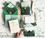 HOCHZEITS EINLADUNGEN Wald / Berge / Waldlandschaft Thema Wald Holz Hochzeits-Einladungssatz, moderne rustikale Hochzeitskarten, natürliche Holz Einladungen Set Hochzeitseinladungen, grüne Hochzeitseinladungen, neblige Wald frostige Hochzeitseinladungssuite, Kiefernhochzeitseinladung.20