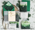 HOCHZEITS EINLADUNGEN Wald / Berge / Waldlandschaft Thema Wald Holz Hochzeits-Einladungssatz, moderne rustikale Hochzeitskarten, natürliche Holz Einladungen Set Hochzeitseinladungen, grüne Hochzeitseinladungen, neblige Wald frostige Hochzeitseinladungssuite, Kiefernhochzeitseinladung.20