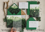 HOCHZEITS EINLADUNGEN Wald / Berge / Waldlandschaft Thema Wald Acryl Hochzeits-Einladungset, moderne rustikale Hochzeitskarten, klare Plexiglassuite Hochzeitskarten, grüne Hochzeitseinladungen, neblige Wald-gefüllte Hochzeitseinladungssuite, Hochzeitskarte mit Kiefern aus Plexiglas.17