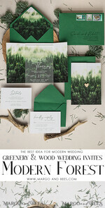 HOCHZEITS EINLADUNGEN Wald / Berge / Waldlandschaft Thema Wald Acryl Hochzeits-Einladungset, moderne rustikale Hochzeitskarten, klare Plexiglassuite Hochzeitskarten, grüne Hochzeitseinladungen, neblige Wald-gefüllte Hochzeitseinladungssuite, Hochzeitskarte mit Kiefern aus Plexiglas.17