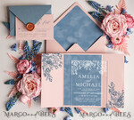 WEDDING INVITATIONS Elegant Invites Classic Cards Velvet Blush Pink Modern Wedding invitations, Acrylic frozen blue pink wedding invitations, Plexi wedding invitations, Luxury blue blush pink Wedding Invitations5
