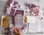 HOCHZEITS EINLADUNGEN Elegante Einladungen Klassische Karten Luxus Mauve Samt Box Hochzeitseinladungen, elegante Acryl Hochzeitseinladungen mit goldener Schleife, glamouröse goldene Hochzeitskarten, handgemachte Hochzeitsstationery.13