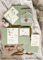 WEDDING INVITATIONS gold / rose gold / silver / glitter Elegant goldwedding inviation set, Natural baby breath flower wedding invitation suite, Minimalistic gold wedding suite, Green invitation set with pocket14