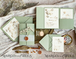 WEDDING INVITATIONS gold / rose gold / silver / glitter Elegant goldwedding inviation set, Natural baby breath flower wedding invitation suite, Minimalistic gold wedding suite, Green invitation set with pocket14